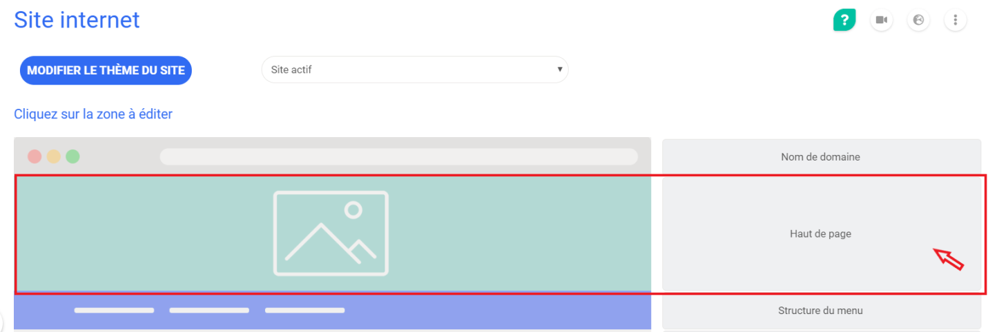 Editor de sitio web Poplico con la zona «Encabezado» enmarcada en rojo y una flecha que indica dónde hacer clic para editarla