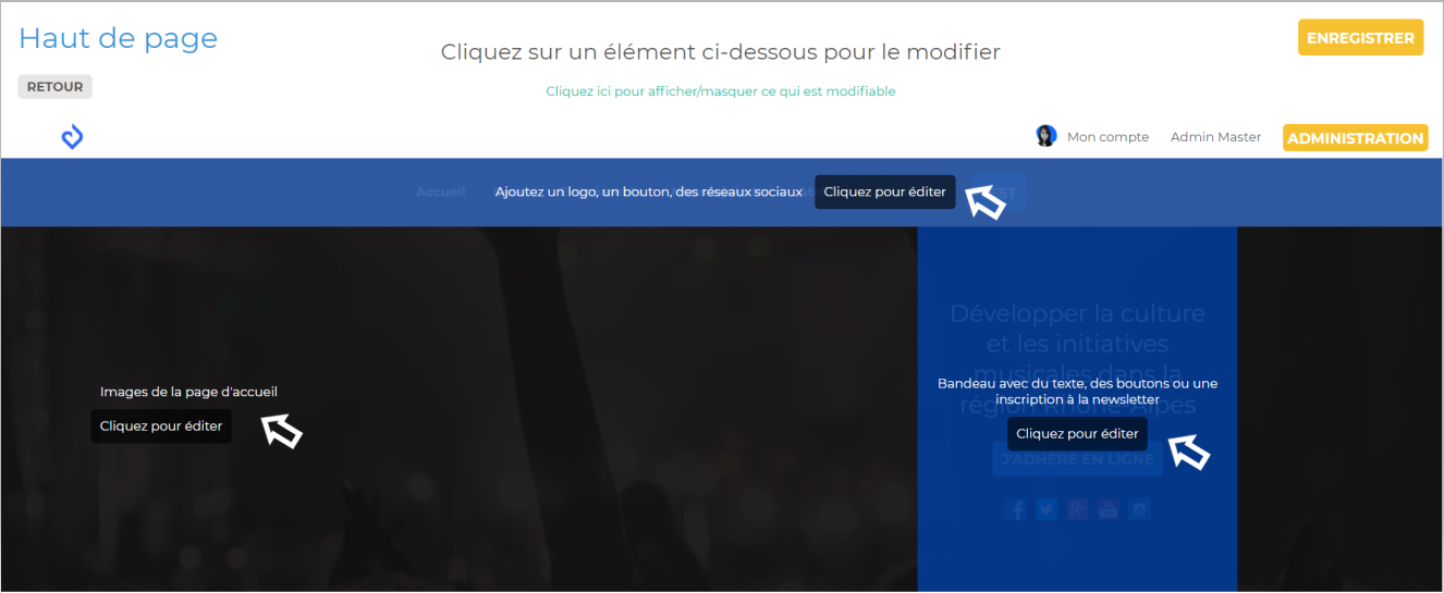 Springly header editing interface, with clickable areas to edit the logo, images, and home banner.