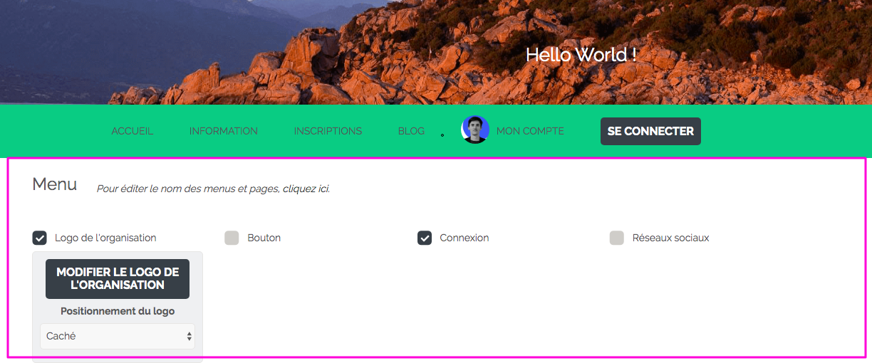 Navigation menu configuration panel in Springly, with options for Logo, Button, Login, and Social Media