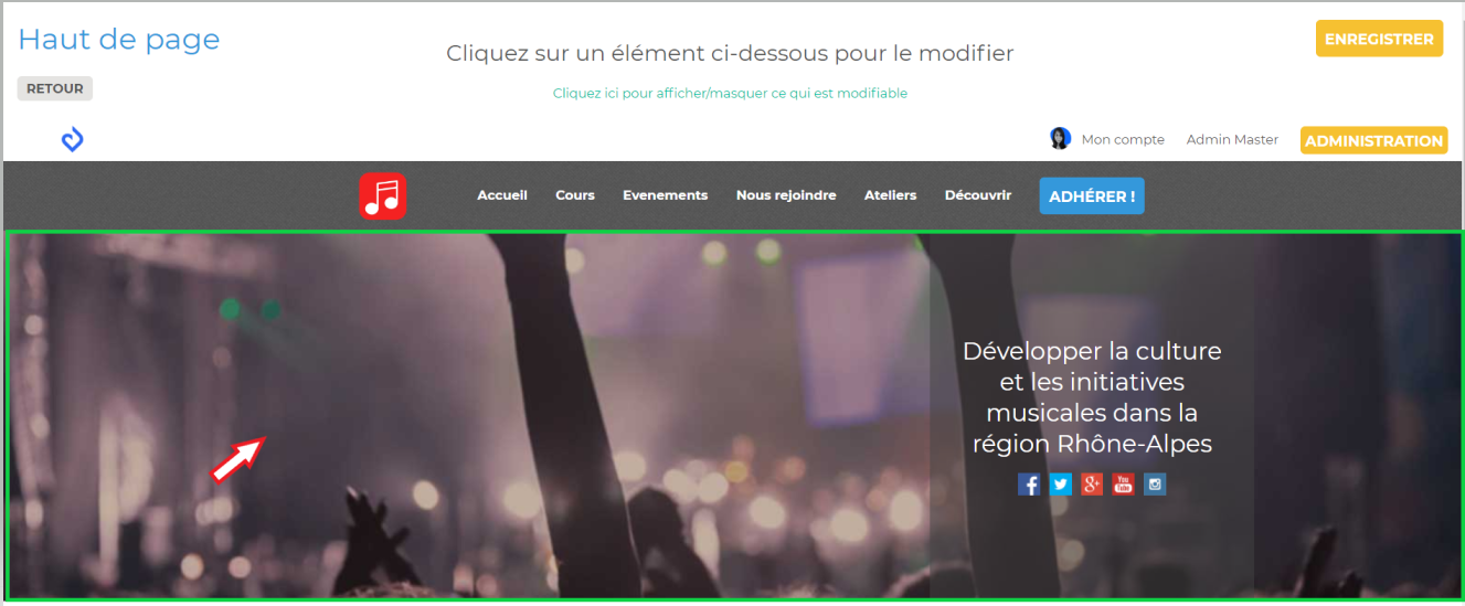 Springly page editor with the home banner selected (highlighted in green), showing a concert photo and the nonprofit's tagline