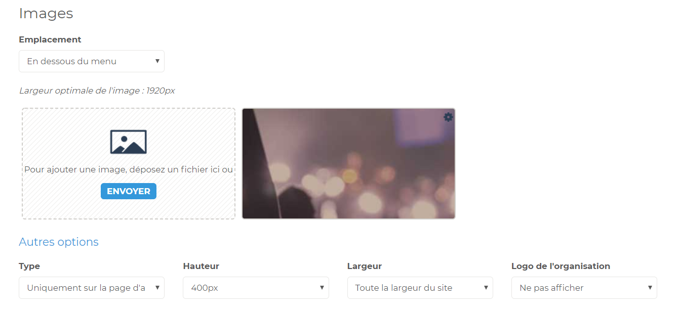 Springly Images settings: position "Below the menu", upload area, image preview, and type, height, width, and logo options.