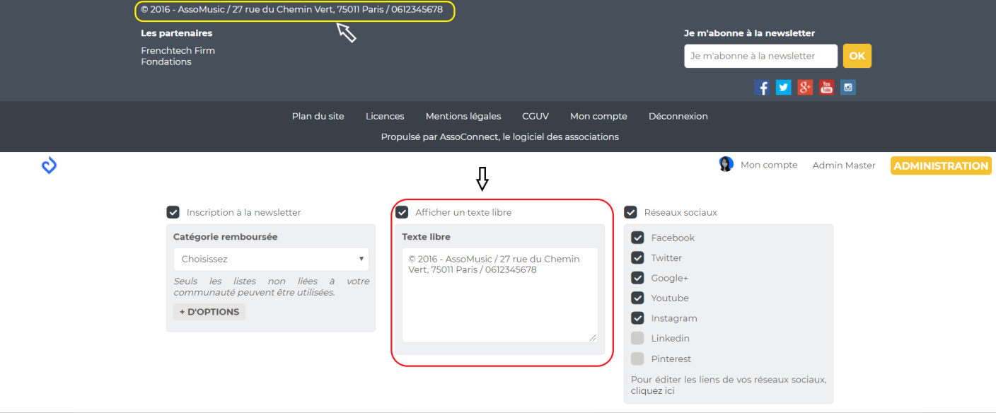 Springly site footer with a free-text contact information block highlighted, and the corresponding editing panel below.