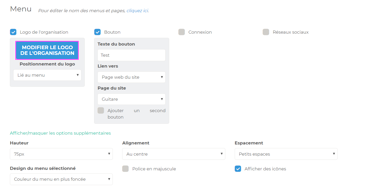 Panel de configuración del menú en Poplico, con las opciones logo, botón (texto «Test», enlace a la página Guitarra), altura, alineación y espaciado