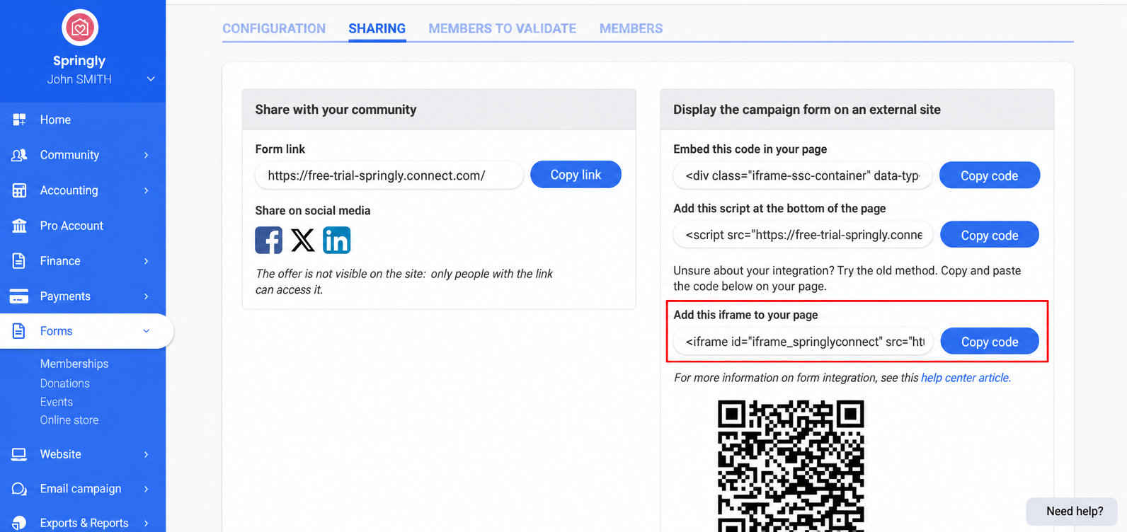 In the "Broadcast" tab of a form, the iframe code snippet to copy is highlighted.