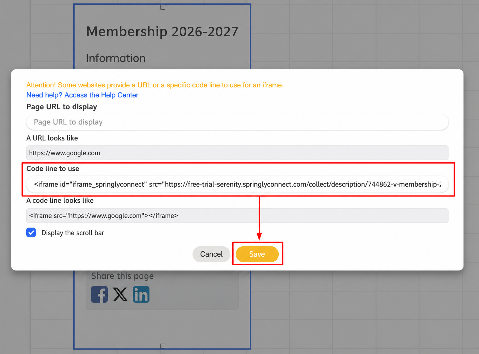 After dropping the iframe block onto the grid, or double-clicking it, a pop-up appears where you can enter a URL or an iframe code line.