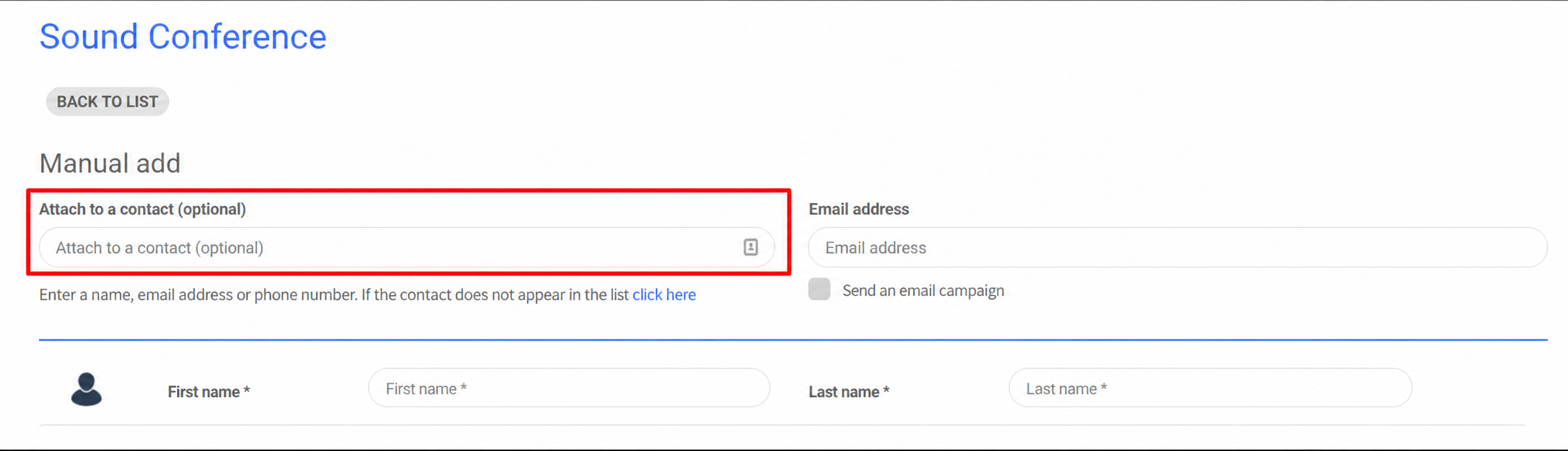 Manual participant addition form for the 'Conference on Sound' event, with the 'Link to a contact (optional)' field highlighted in red