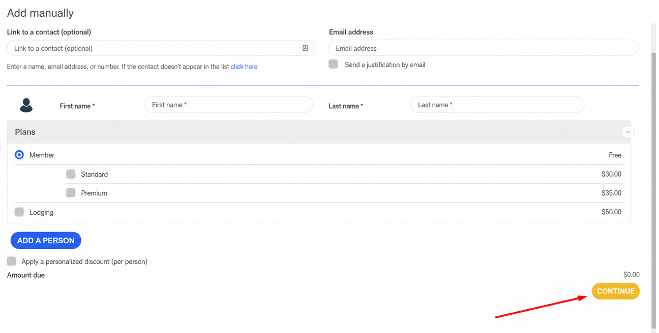 'Manual addition' form for a Springly event participant, with the first name, last name, pricing, and 'Continue' button highlighted