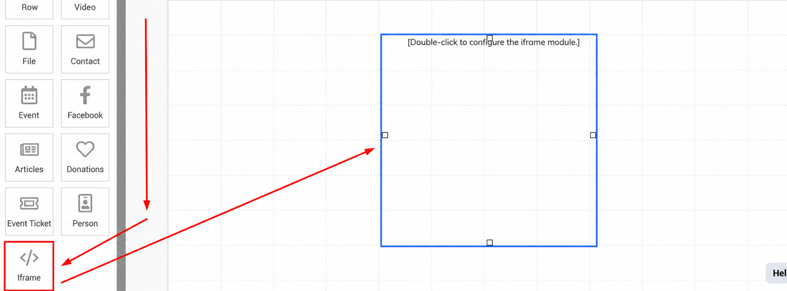 At the bottom of a custom page editor, the iframe block is highlighted with a preview on the grid.