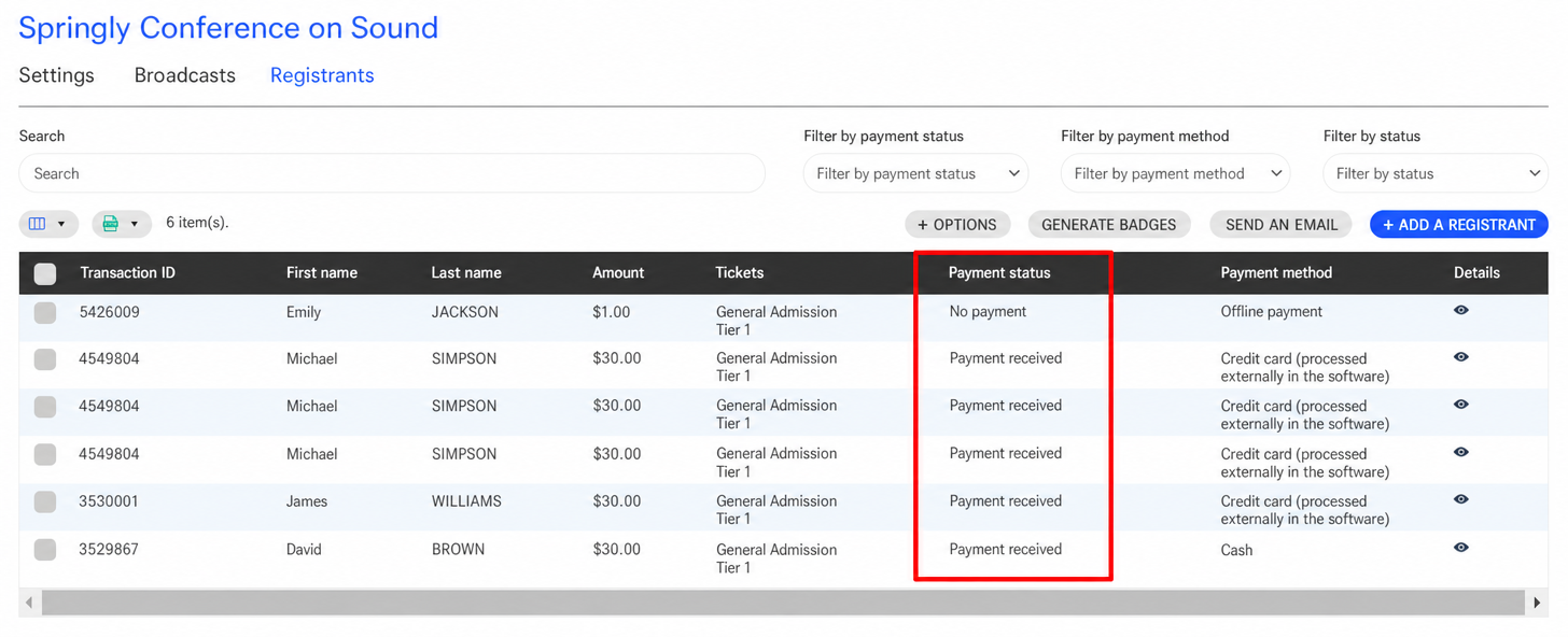 List of registrants for an event in AssoConnect, with the "Payment Status" column highlighted, showing statuses such as "Payment received" or "No payment"
