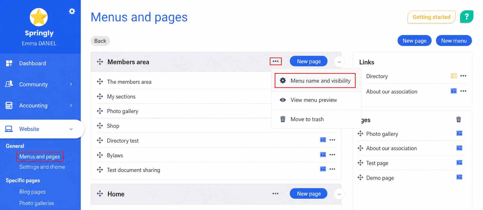 AssoConnect “Menus and pages” interface with the drop-down menu of the “Member area” menu open, highlighting the “Menu name and visibility” option