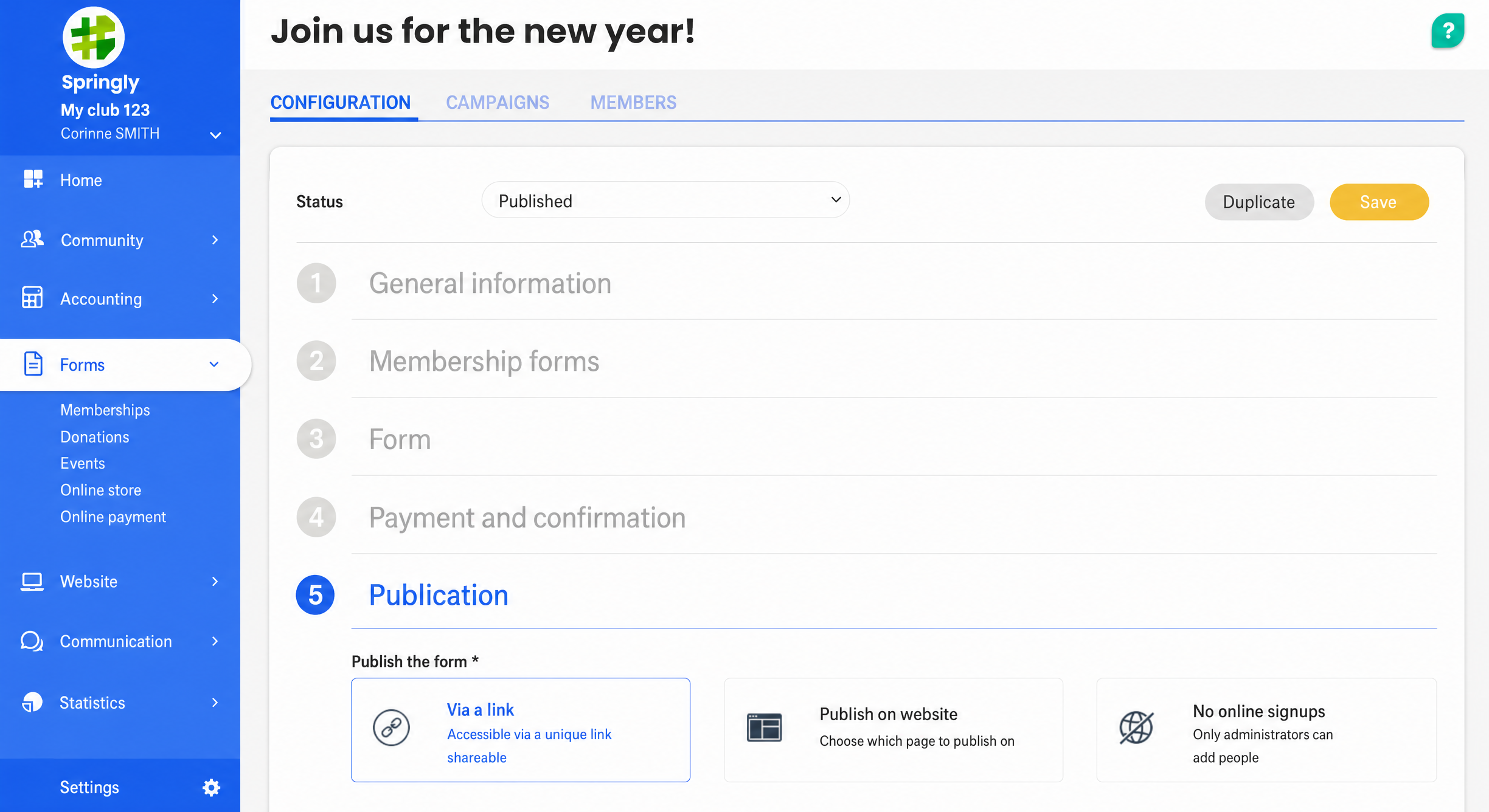 Springly membership form at step 5 "Publication," with status "Published" and three sharing options including "Via a link" selected