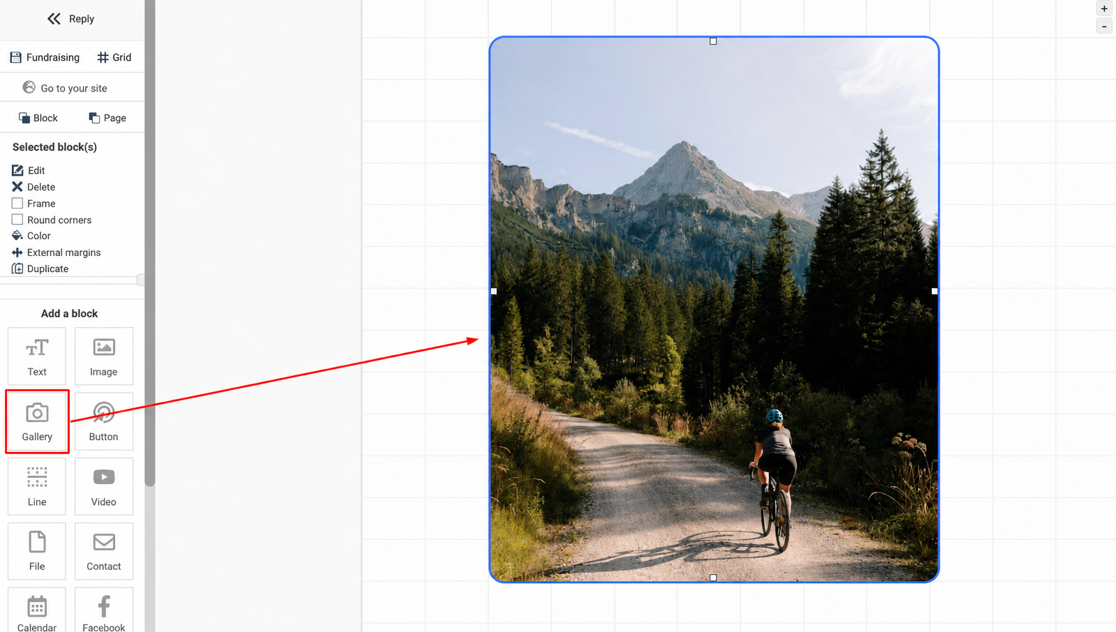 Gallery block on a custom page, showing a preview of how it renders in the page grid.