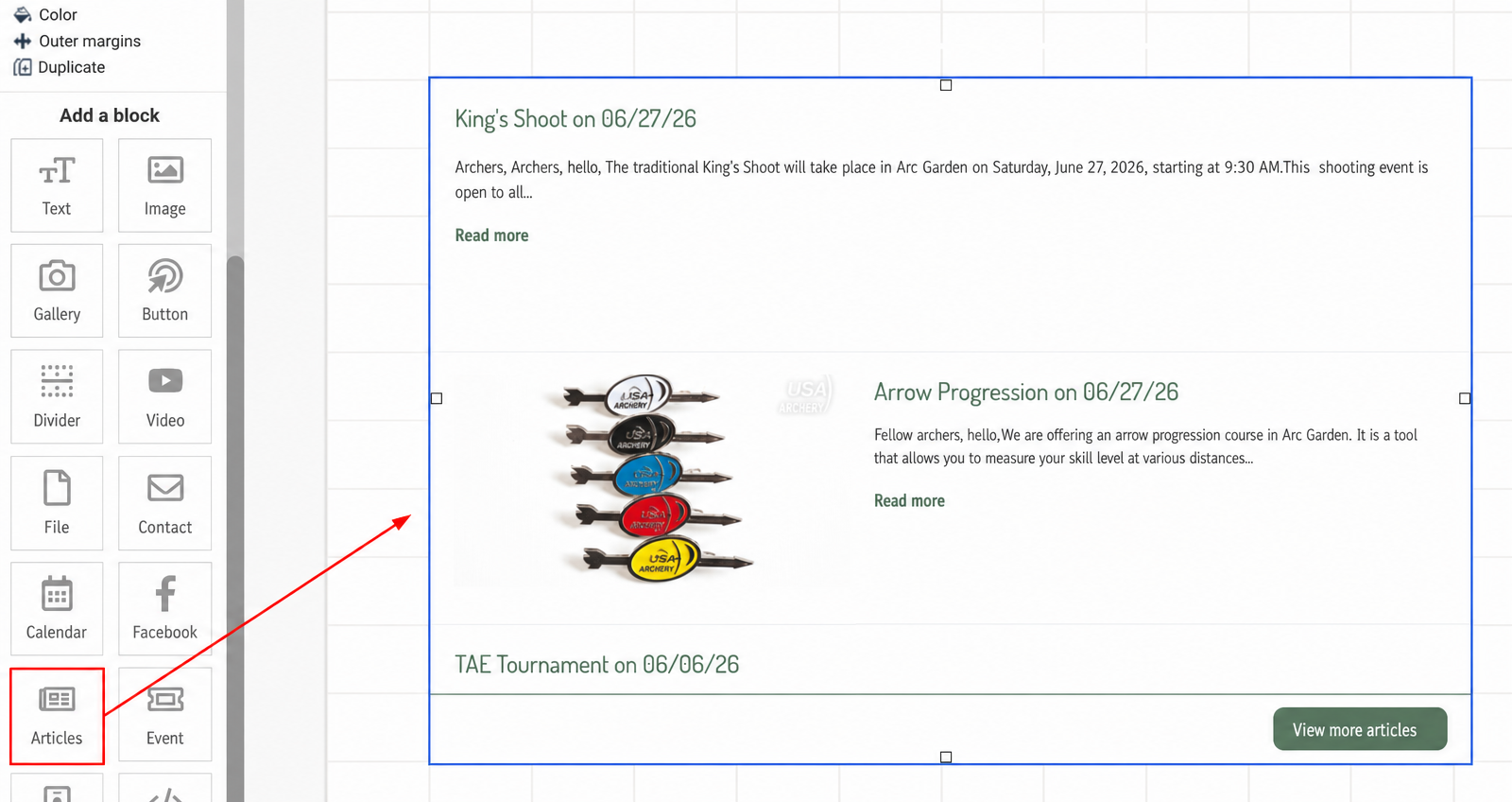 Articles block on a custom page, showing how it renders in the page grid.