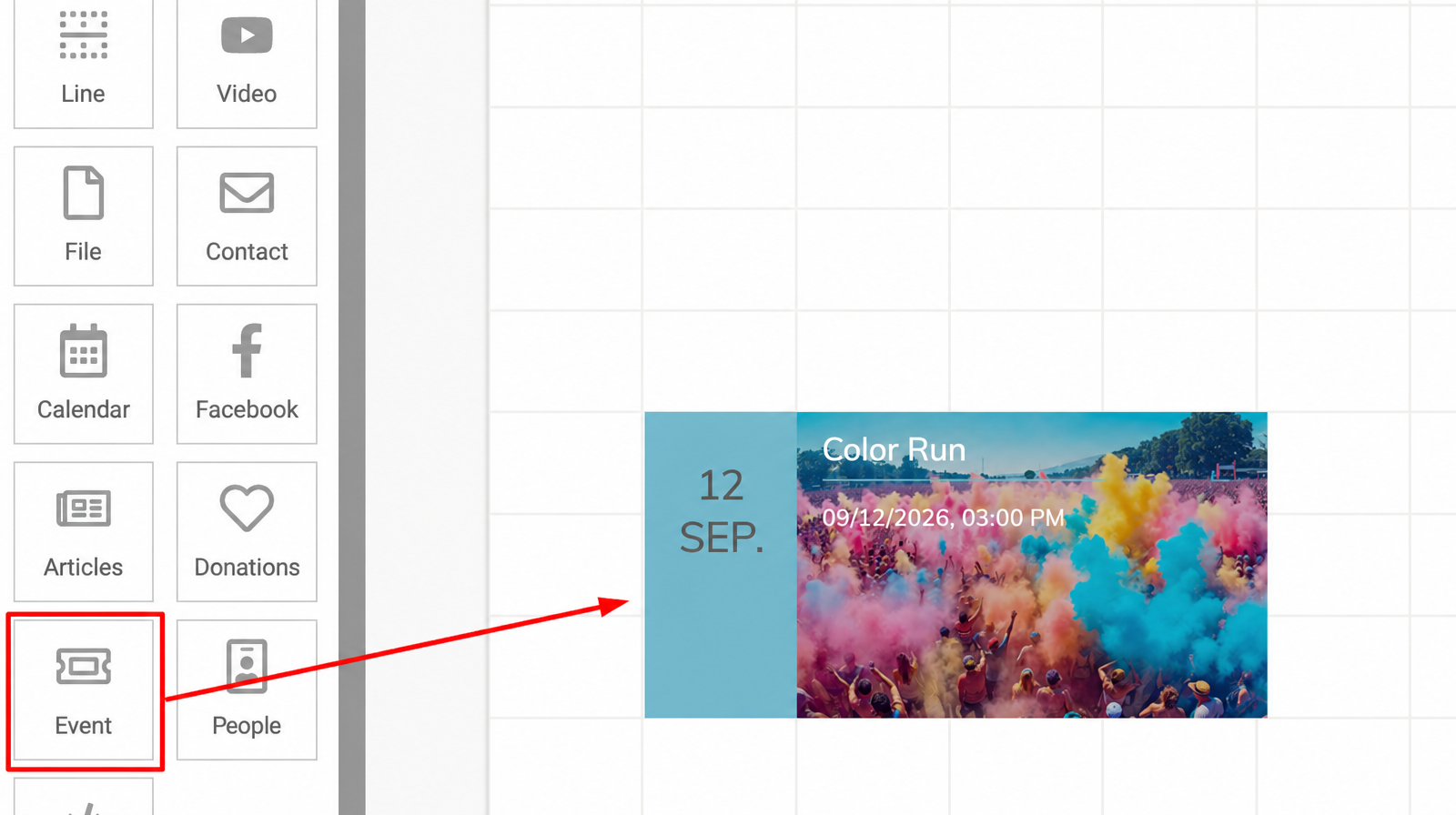 In the custom page editor, the "Event" block is highlighted, and its rendering is shown in the custom page editing grid.