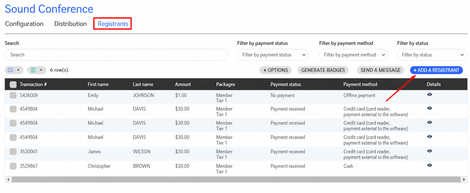 'Registrants' tab of a Springly event, listing 6 participants with their transaction number, amount, plan, and payment status, with a red arrow pointing to the 'Details' column