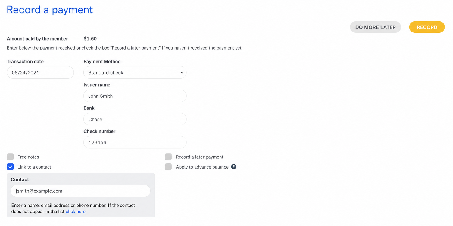 "Record Payment" form in AssoConnect, with the date, method (standard check), issuer, bank, and check number fields filled in.