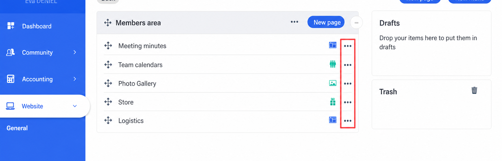 AssoConnect “Menus and pages” page with the “Member area” menu expanded, showing 5 sub-pages and the “⋯” button of each page outlined in red