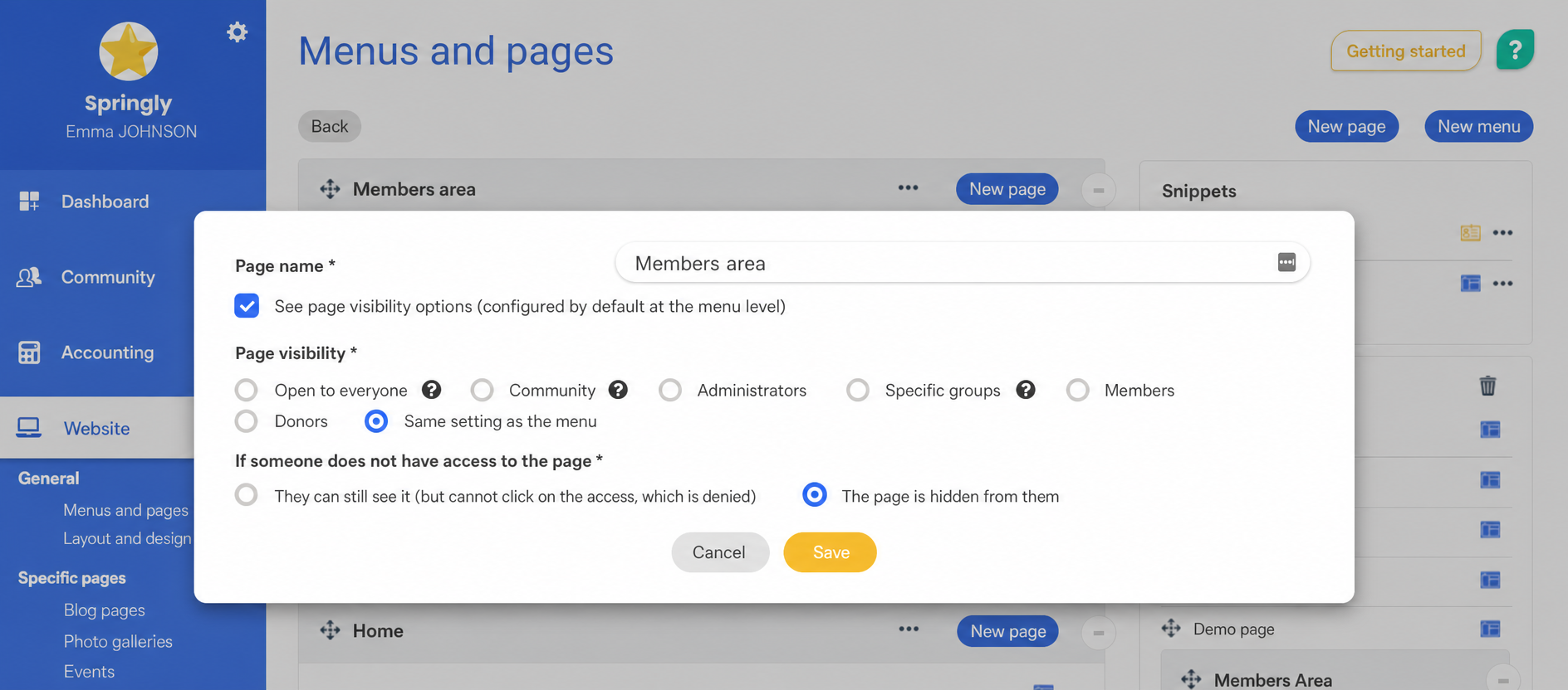 Settings window for a “The member area” page with the visibility and access options on AssoConnect