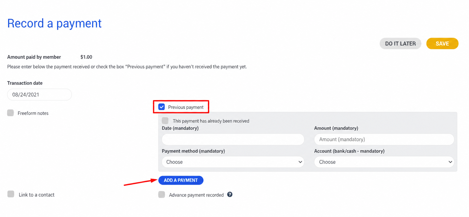 "Record Payment" form with the "Deferred Payment" box checked and the "Add an Installment" button highlighted by a red arrow.