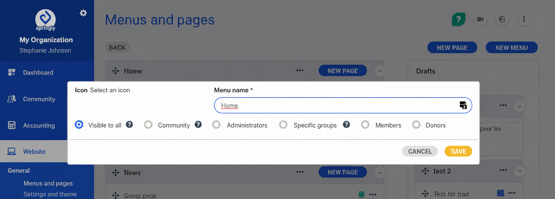 Menu editing window in Springly, with the fields 'Menu name' (here 'Home') and visibility options (Open to all, Community, Administrators, etc.)