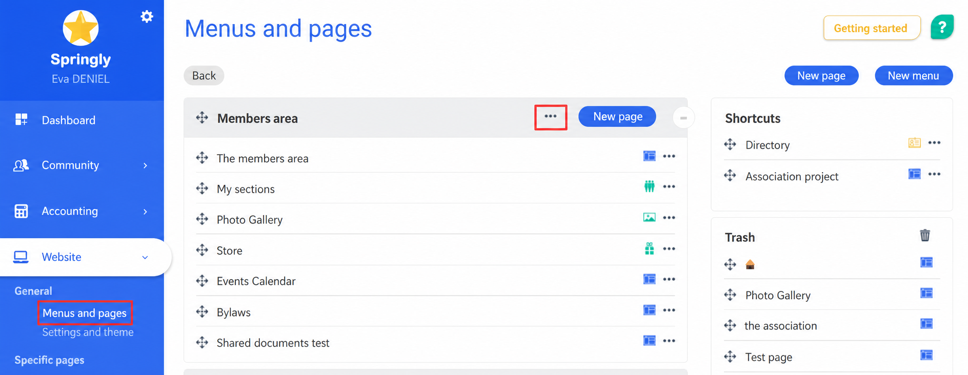 AssoConnect “Menus and pages” interface, with the “Member area” menu expanded and its “⋯” button outlined in red.