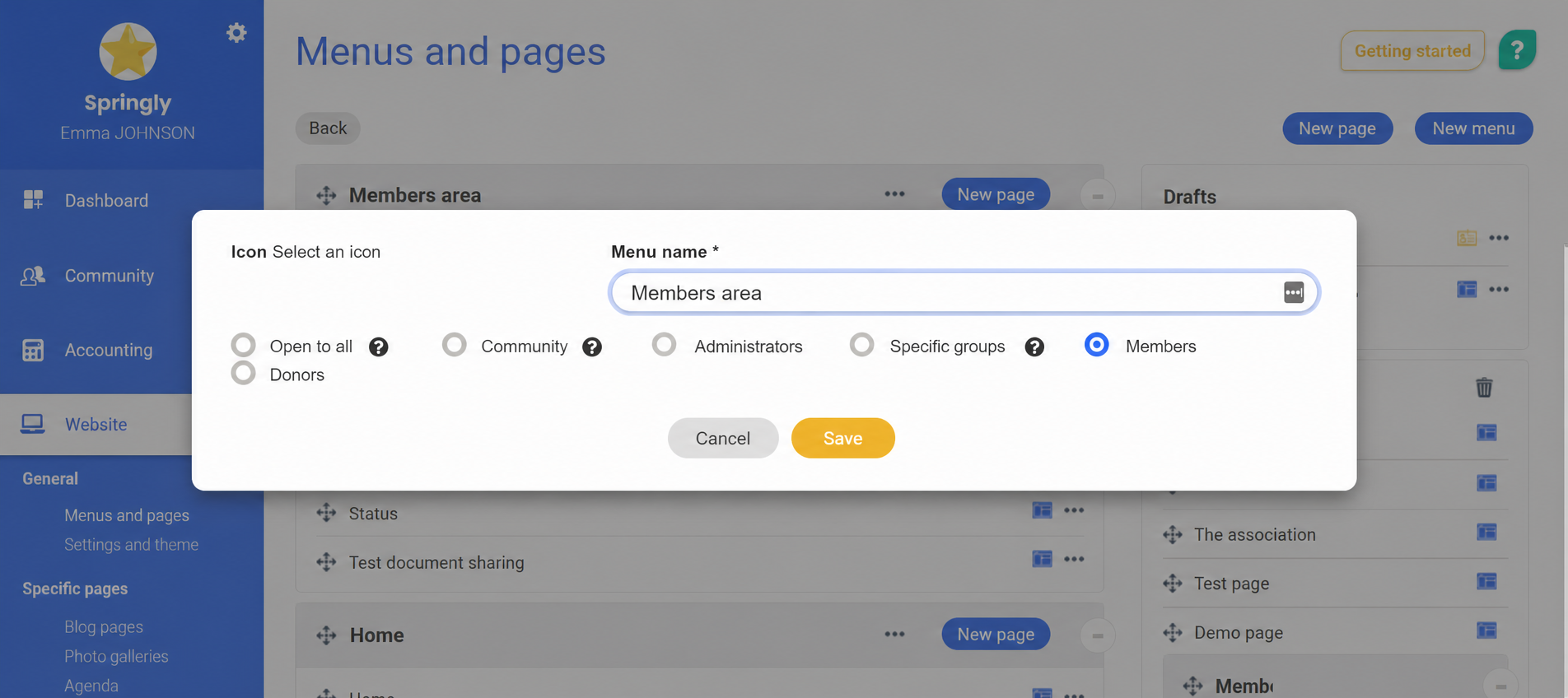 Window for creating a menu named “Member area” with the “Members” access option selected