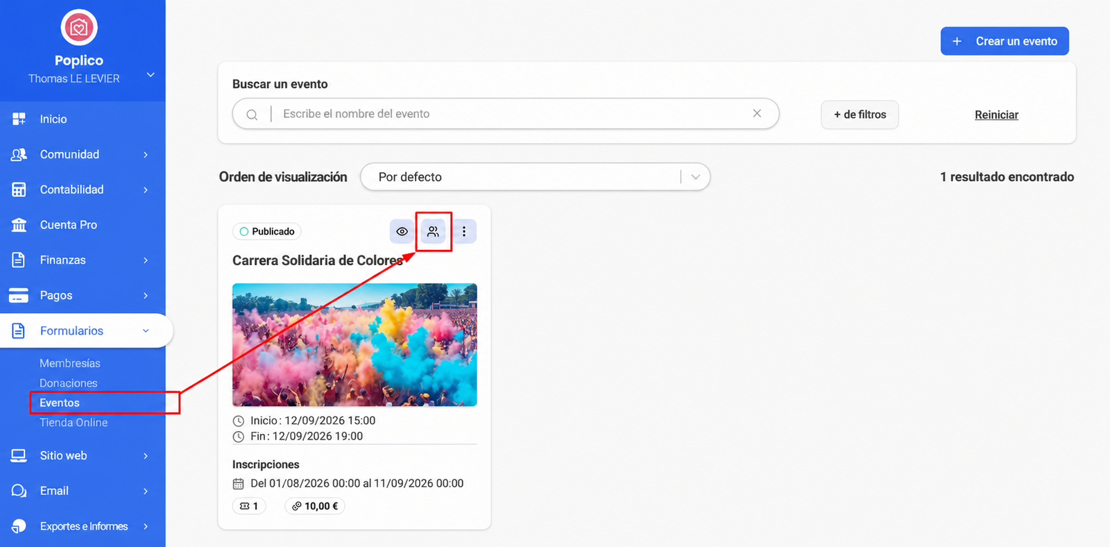 Página «Eventos» de Poplico con el botón «Gestionar» destacado por una flecha roja en la tarjeta de un evento.