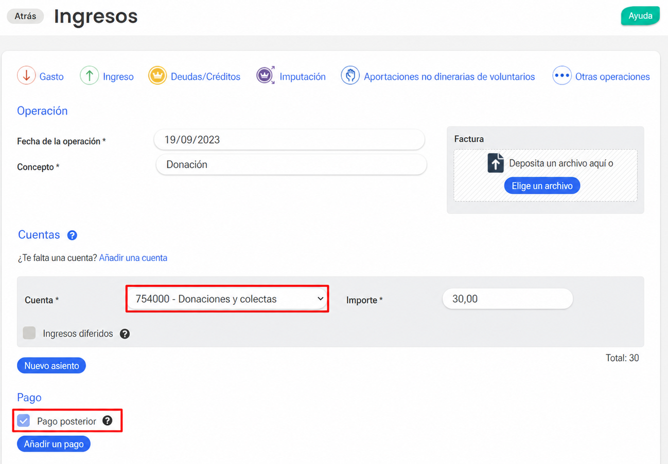 Registro manual de una donación en contabilidad mediante un asiento de ingresos estándar. Preparación para la conciliación de asientos contables haciendo clic en "Pago posterior".