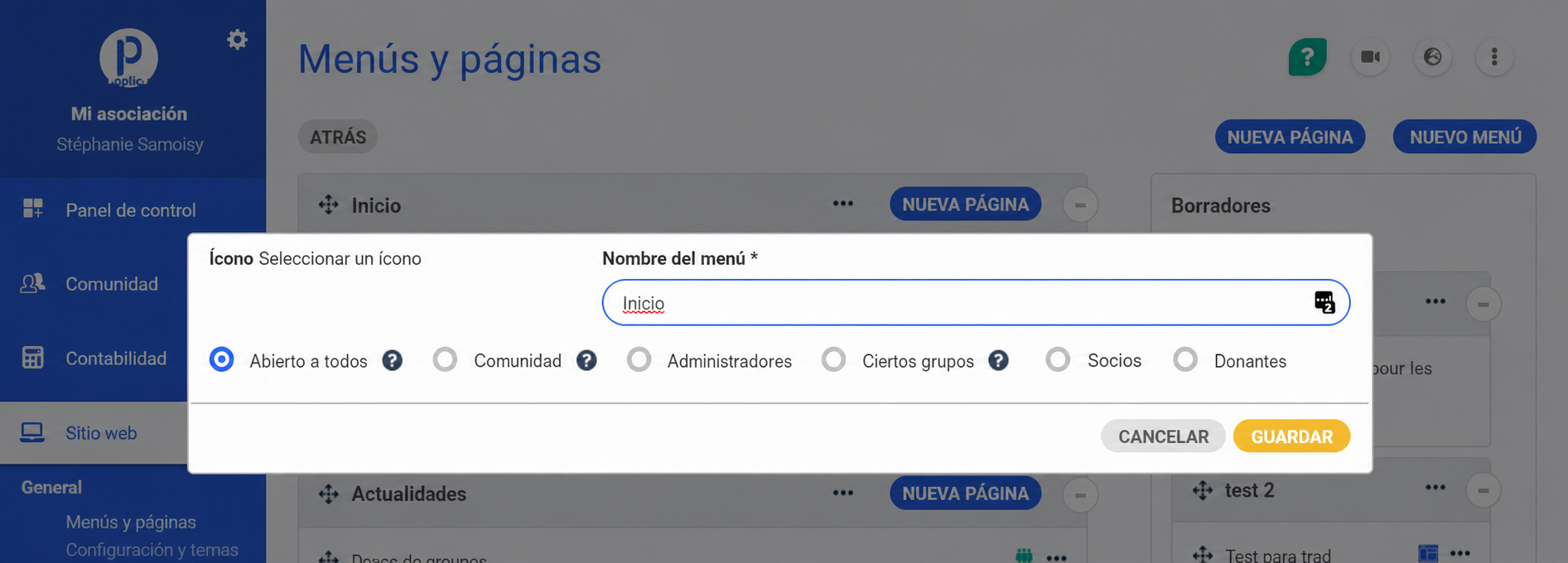 Ventana de edición de un menú en Poplico, con los campos «Nombre del menú» (aquí «Inicio») y las opciones de visibilidad (Abierto a todos, Comunidad, Administradores, etc.)