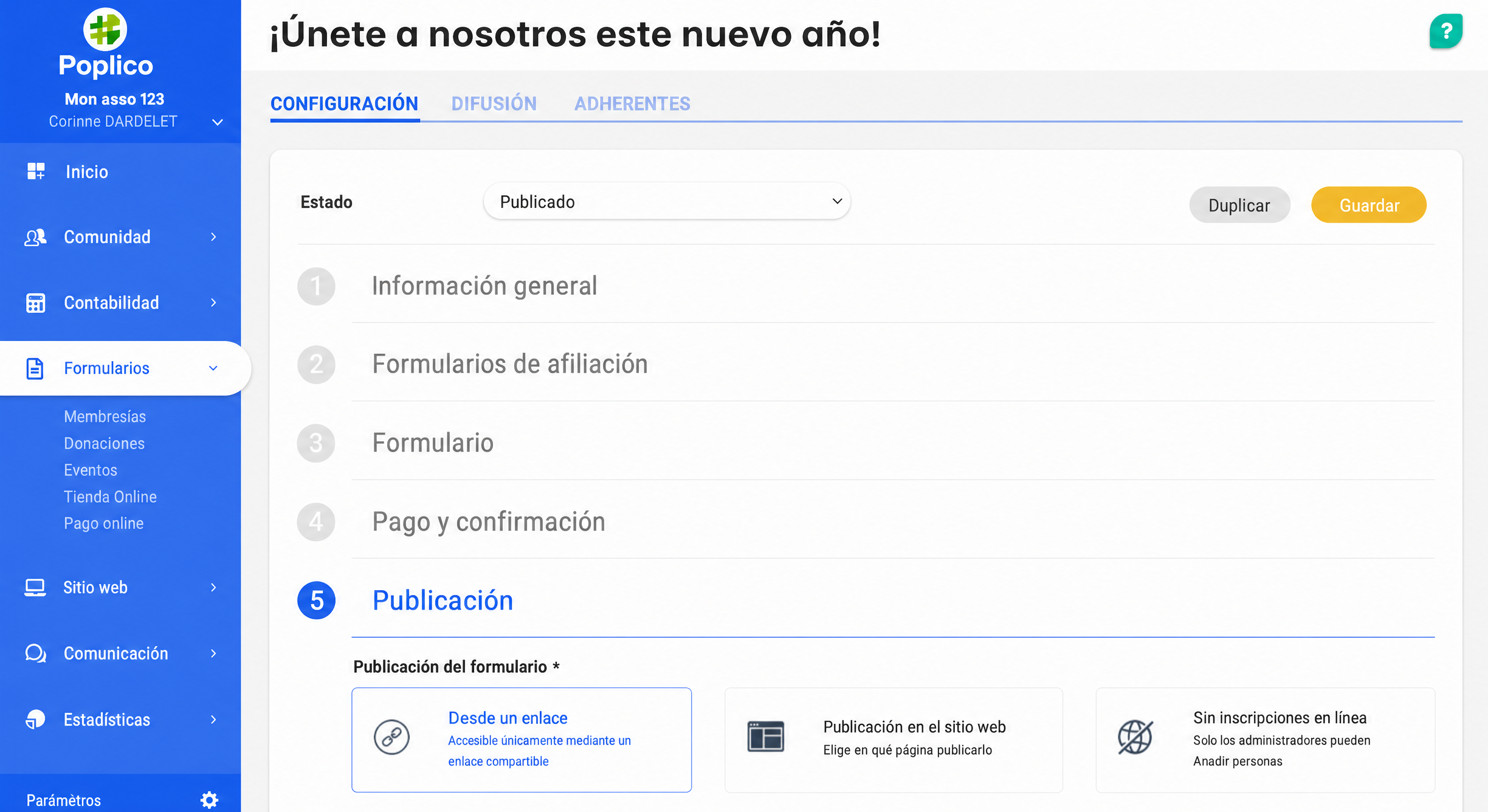 Formulario de alta de Poplico en el paso 5 «Publicación», con el estado «Publicado» y tres opciones de difusión, entre ellas «Desde un enlace» seleccionada